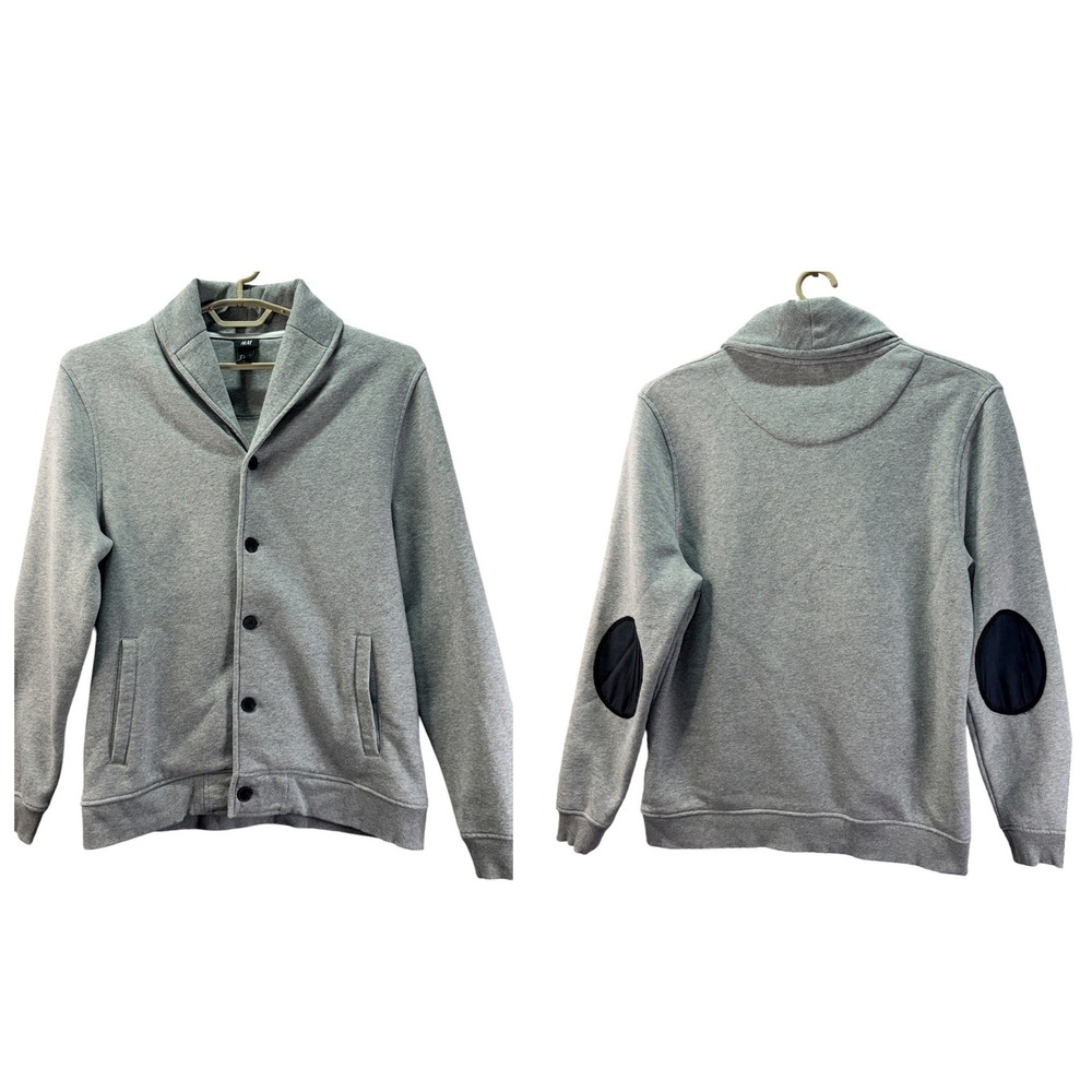 H&M Cardigan Sweater Mens L Gray Shawl Collar Elbow Patch Preppy Grandpacore